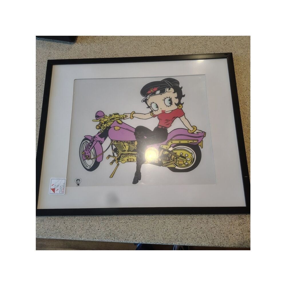 Vintage Betty Boop Pink Motorcycle Art Sericel 17 X 21" Framed 1999